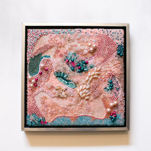 Load image into Gallery viewer, Pink and blue glass beads hand embroidered onto fabric.
