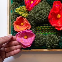 Load image into Gallery viewer, Fiber Art with felted flowers, pom poms, stumpwork and weavings.
