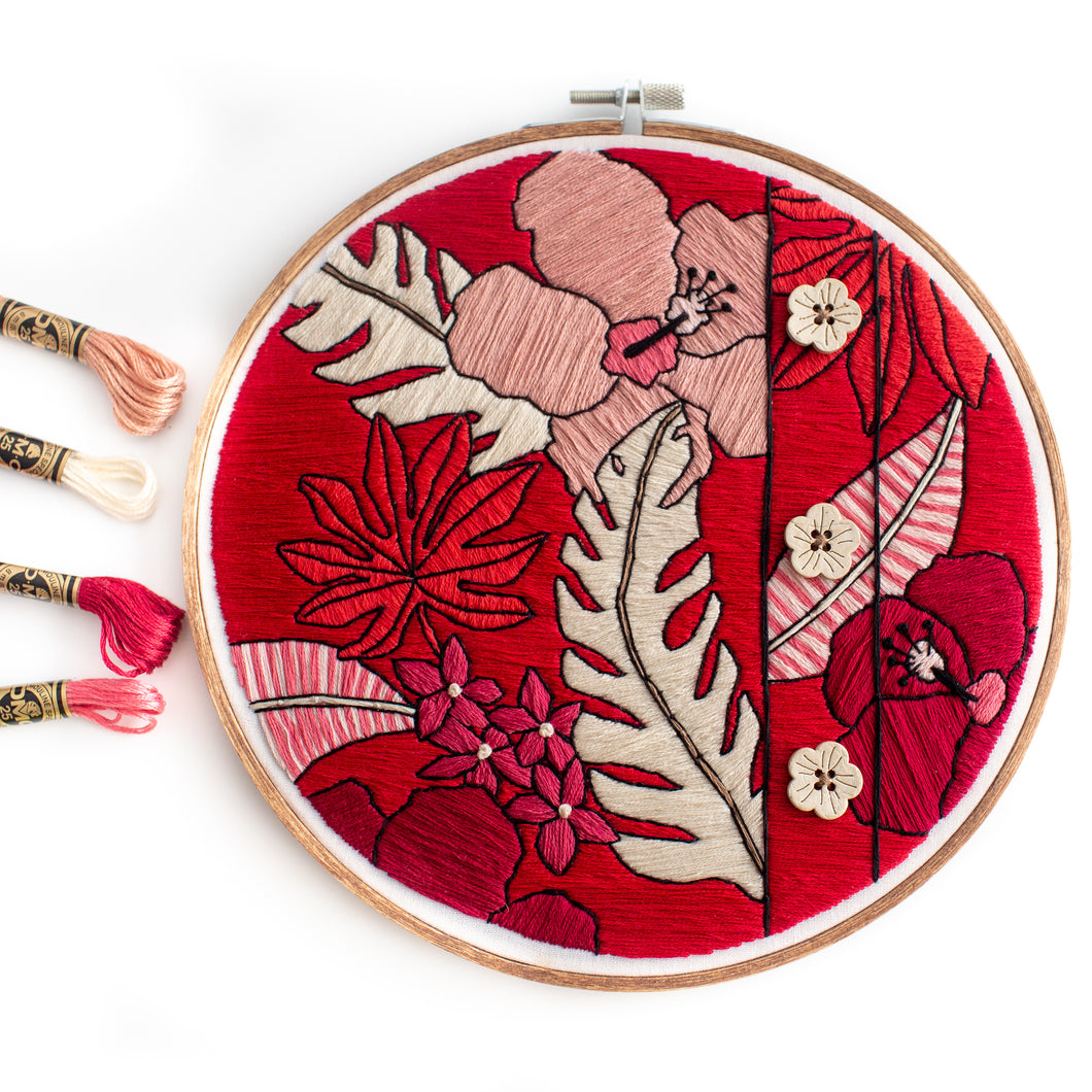 Red Botanical Embroidery Pattern